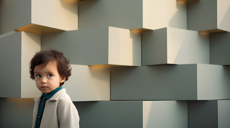 Portrait of a cute little boy in front of a geometric backgroundの素材