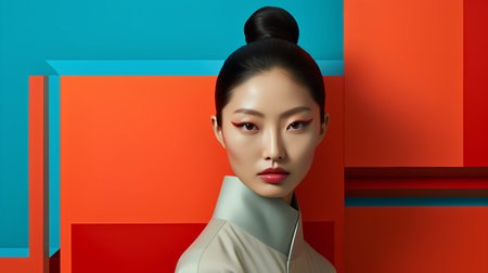 3d illustration. Portrait of a beautiful young asian woman with red lipstick on her lips.の素材