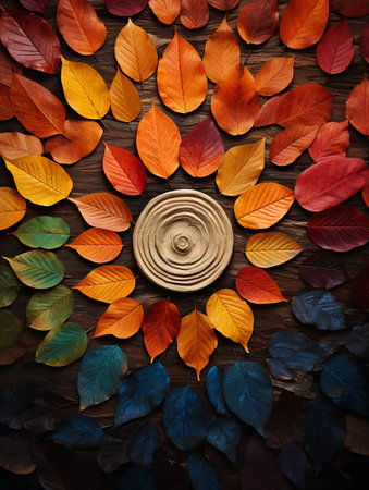 Autumn leaves on wood background. Autumn concept. Top view.の素材