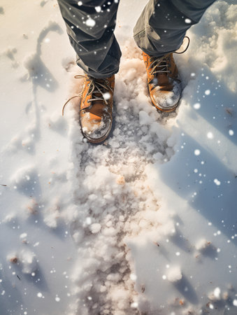Hiking boots in the snow. Winter trekking concept. Snow boots.の素材