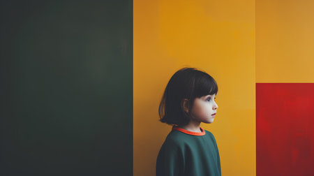 Portrait of a cute little girl on a colorful background with copy spaceの素材