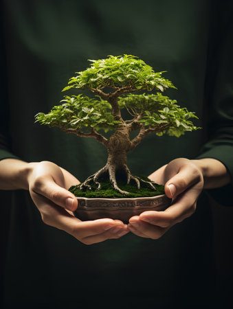 Bonsai tree in human hands. Bonsai is a symbol of nature protectionの素材