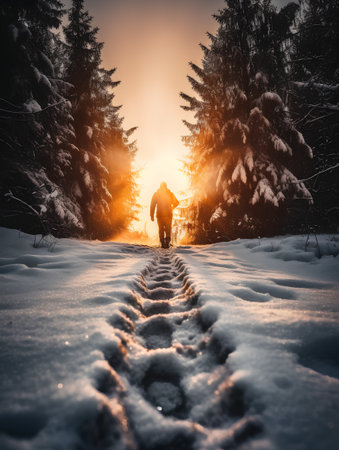Man walking on the trail in the winter forest at sunset. Retro styleの素材