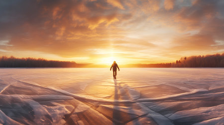 Man standing on frozen lake at sunset. Concept of winter sports and recreationの素材