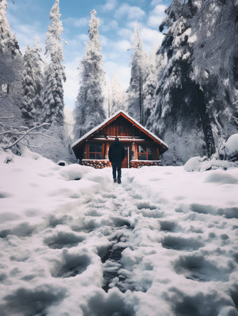 Man standing in front of a wooden house in the winter forest.の素材