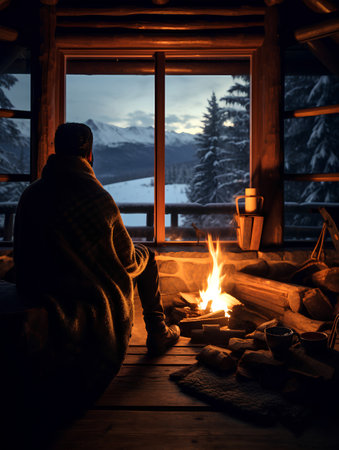 Man sitting by the fire in a cozy log house in the mountainsの素材