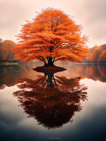 Autumn landscape with a big tree and reflection in the lake.の素材