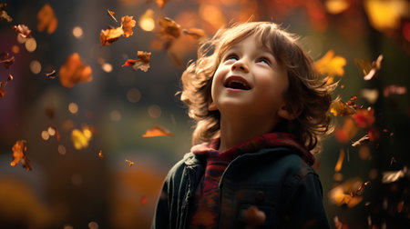 Autumn portrait of cute little boy in the park with fallen leavesの素材