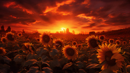 Sunflower field at sunset with sunflowers. 3d renderの素材