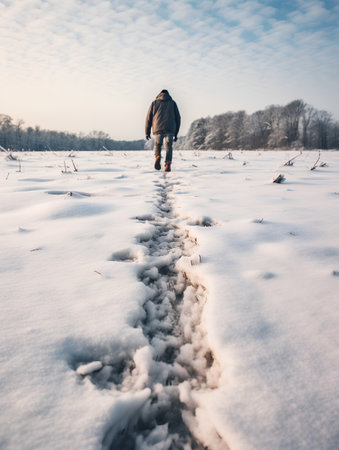 Man walking on a snow covered field with footprints in the snow.の素材
