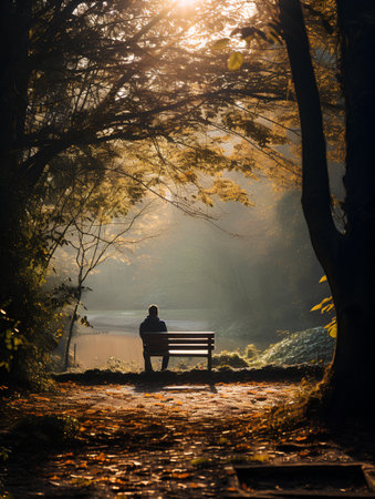 Man sitting on a bench by the lake in autumn forest at sunsetの素材
