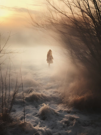 Young woman walking in foggy winter forest. Beautiful winter landscape.の素材