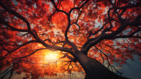 Beautiful autumn landscape with big tree. Sunset in the forest.の素材