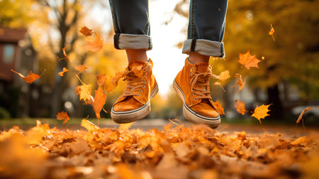 Feet of a girl in sneakers on the background of autumn leaves.の素材