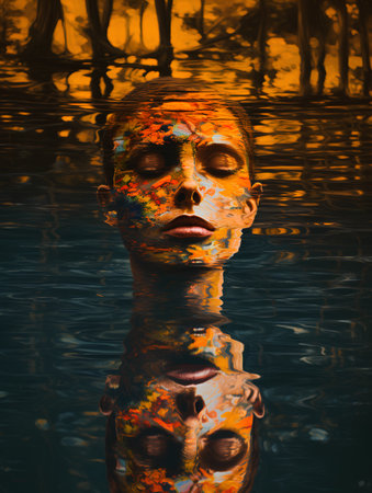 Portrait of a woman with painted face in the water. Halloween theme.の素材