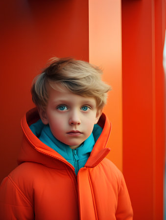 Portrait of a boy in an orange jacket on a red backgroundの素材
