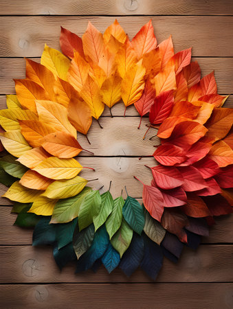 Colorful autumn leaves on wooden background. Top view with copy spaceの素材