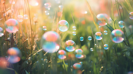Beautiful natural background with soap bubbles on the grass in the meadowの素材