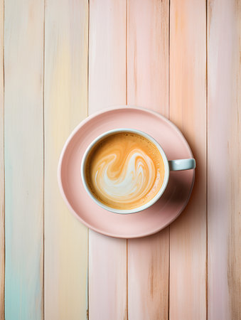 Coffee cup on wooden background. Top view with copy spaceの素材
