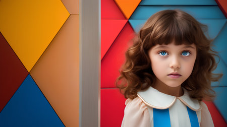 3d illustration of a little girl looking at the camera over a colorful backgroundの素材