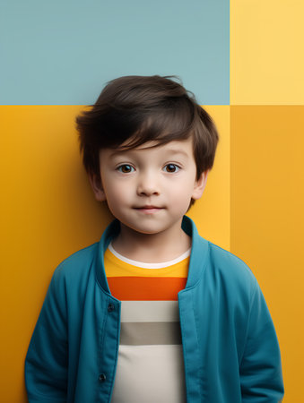 Portrait of a cute little boy in a yellow and blue backgroundの素材