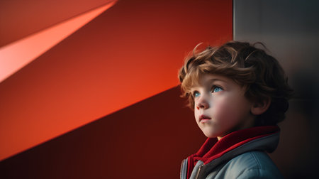 Cute little boy with blond curly hair and blue eyes in red jacket standing near the wallの素材