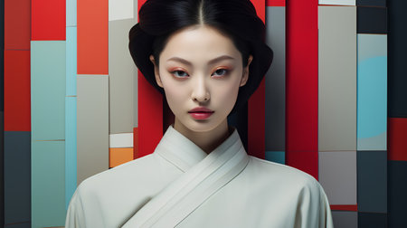 Fashion portrait of beautiful asian woman in white kimonoの素材