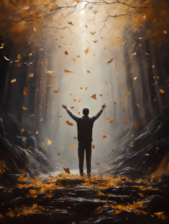 Man in autumn forest with falling leaves and foggy background. Halloween conceptの素材