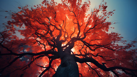 Autumn tree with red leaves in the forest. 3d renderの素材