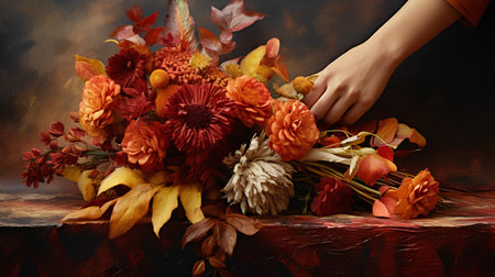 Beautiful autumn bouquet of chrysanthemums in hand on a dark backgroundの素材