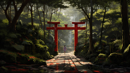 Fantasy landscape with a red torii gate in the middle of the forestの素材