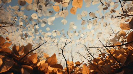 Autumn background with falling leaves and blue sky. 3d renderingの素材