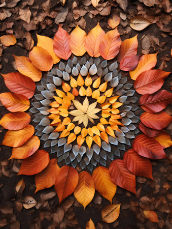 Autumn leaves on the ground in the form of a circle.の素材