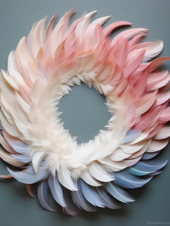 Colorful feathers on a gray background. Abstract background for design.の素材