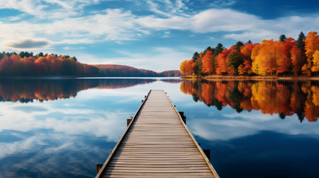 Wooden pier on the lake in autumn forest. Beautiful landscape.の素材