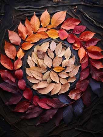 Colorful autumn leaves on black background. Flat lay, top viewの素材