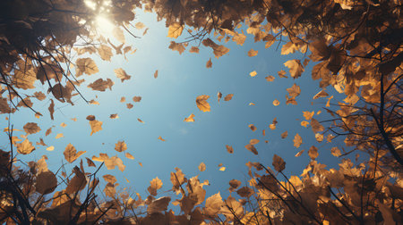 Autumn leaves on blue sky background with sun rays. Fall concept.の素材