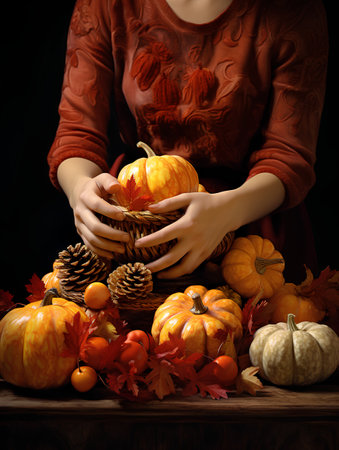 Autumn still life with pumpkins and leaves in woman hands.の素材