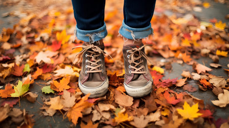Close-up of female legs in jeans and sneakers on the background of autumn leavesの素材