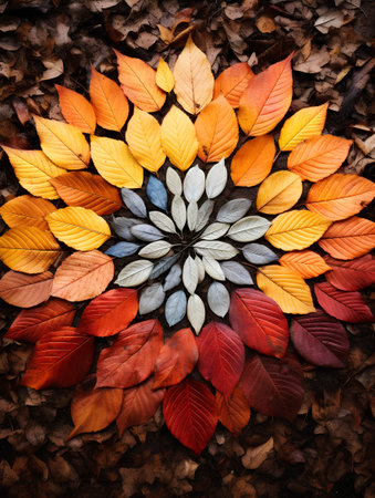 Autumn leaves background. Colorful autumn leaves in a circle.の素材