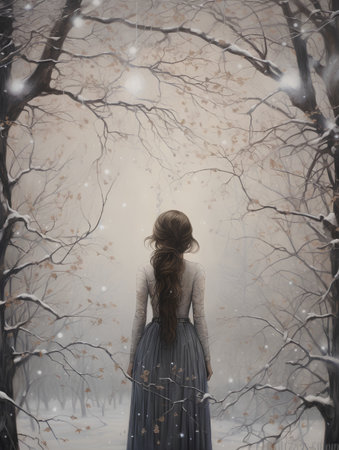 Winter fairy tale. Young woman in a long dress walks in the winter forestの素材