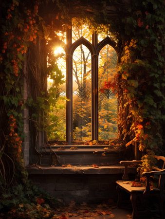 Window in the autumn forest at sunset. Autumn landscape with a window.の素材