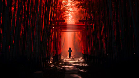 Woman walking through the bamboo tunnel with red glow. 3D renderingの素材