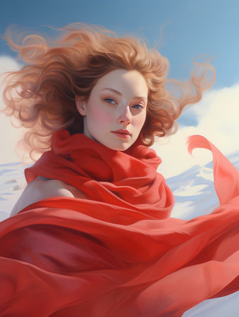 Beautiful red-haired girl in a red scarf on a background of blue skyの素材