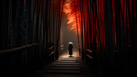 Silhouette of a man walking in the middle of the bamboo forestの素材