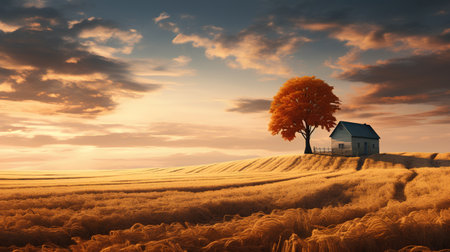Autumn landscape with lonely house in wheat field. 3d renderの素材