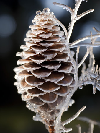 Frozen pine cone on a tree branch with ice crystals in winterの素材