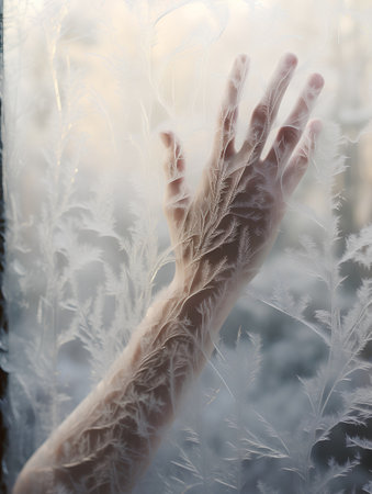 Hands of a woman on a background of frosty winter windowの素材