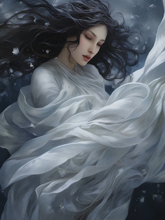 3d illustration of a beautiful girl with long hair in a white dressの素材