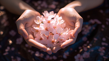 Cherry blossom in woman's hands, spring season background.の素材